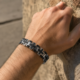 Double Layer Interlocking Textured Cross Two-Tone Stainless Steel Men’s Bracelet - Christian gift presentation