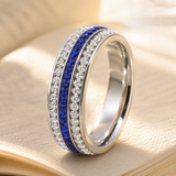 Three Row Blue & White Cubic Zirconia Eternity Ring, 6mm Titanium Steel Full Paved Stackable Band, Elegant Wedding Promise Ring for Women