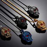 Men's Stainless Steel Cubic Zircnia Eyes Engraved Skull Pendant Necklace