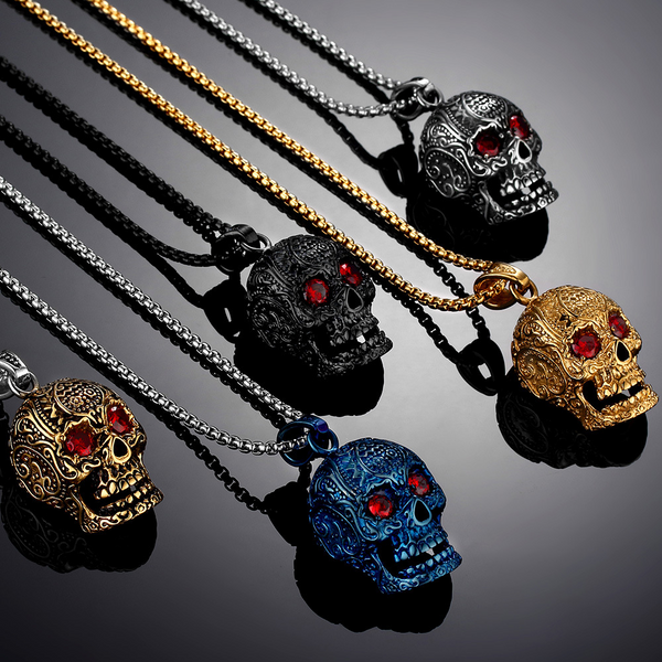 Herren Edelstahl Cubic Zircnia Augen Gravierte Totenkopf-Anhänger Halskette