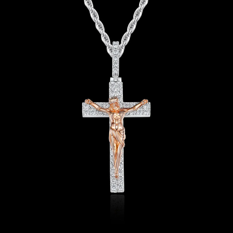 Artisan-Carved Copper Jesus Cross Pendant - Moissanite-Encrusted Hip Hop Religious Necklace - BGCOPPER