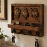 Hand-Carved Sacred Hearts Wooden Key Holder – God Bless Our Family Wall Organizer