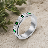 6mm Grooved Square Green CZ Rotatable Spinner Stainless Steel Ring