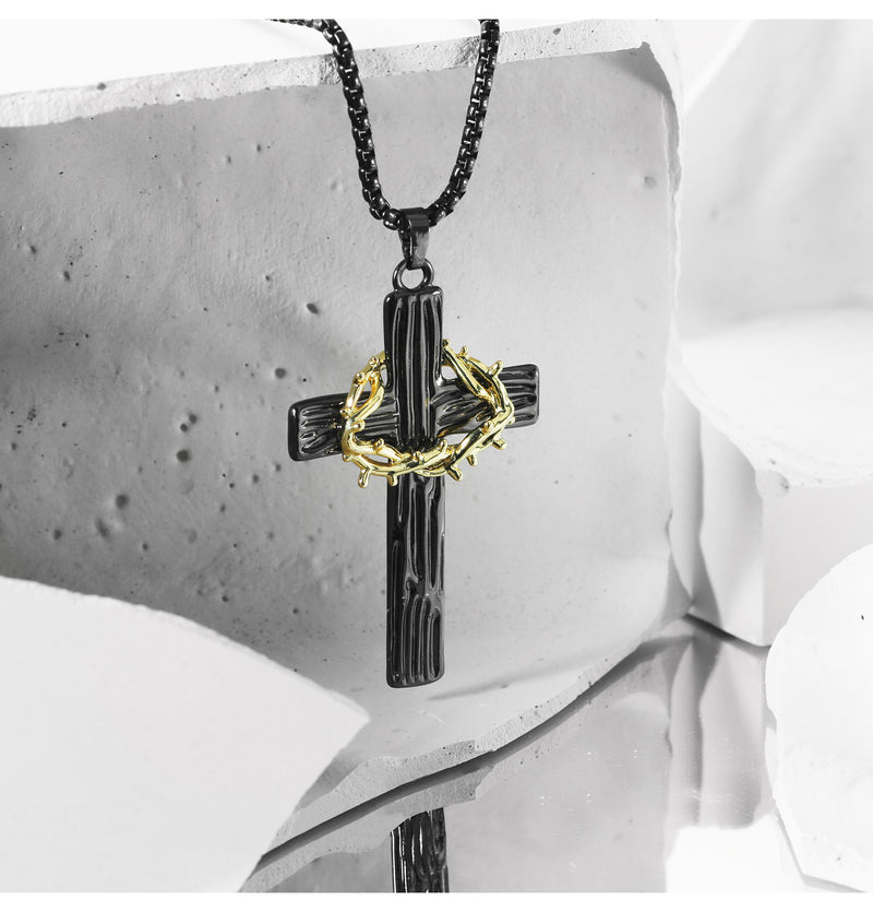 Thorn cross black and white couple necklace