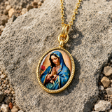 Our Lady of Guadalupe Gold-Tone Oval Pendant Necklace – Double-Sided Virgin Mary Christian Jewelry