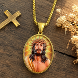 3D Embossed Enamel Crown of Thorns Jesus Oval Stainless Steel Necklace