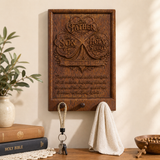 Holy Trinity Wooden Key Holder Hand-Carved Walnut Wall Plaque with Matthew 28:19 for Christian home decor and prayer spaces