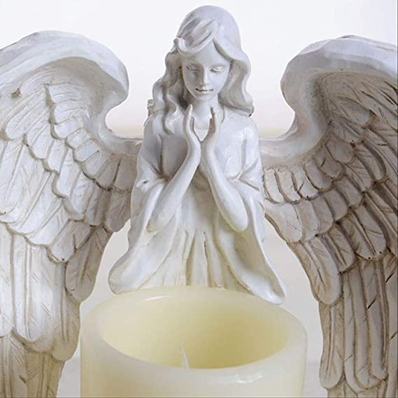 Angel Candle Holder with LED Candle, Battery-Powered, Angel Memorial Gifts, Angel Wing Praying Statue for Home Decoration