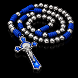 t. Benedict Blue Enamel Rosary with Crucifix – Silver-Tone Beads & Braided Cord