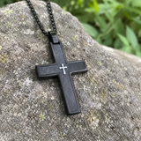 Two-Tone Bevel Edge Carbon Fiber Textured Inlaid Tiny Cross Stainless Steel Necklace