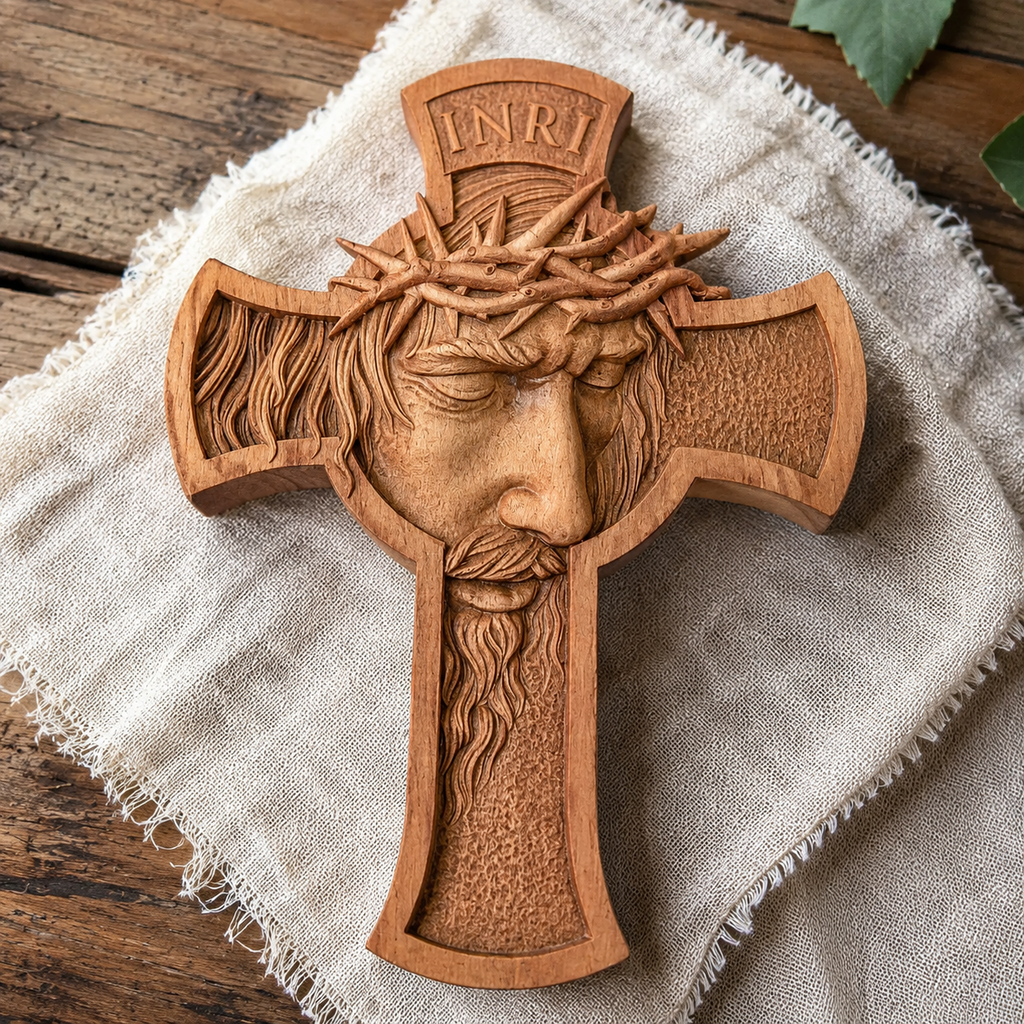Sacred Thorn Crown Wooden Cross ️ | Hand-Carved Beechwood Crucifix with ...
