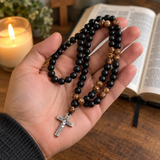 Black Stone & Wood Bead Crucifix Rosary Necklace – 70cm Christian Prayer Rosary