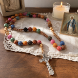 Catholic Colorful Rose Rosary Necklace – Prayer Beads with Crucifix