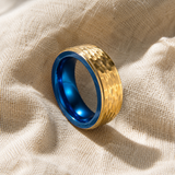 Two-Tone Hammered Titanium Steel Ring, Gold Exterior & Blue Inner Band, 8mm Wide Comfort Fit Wedding Band, Unique Promise Ring for Men