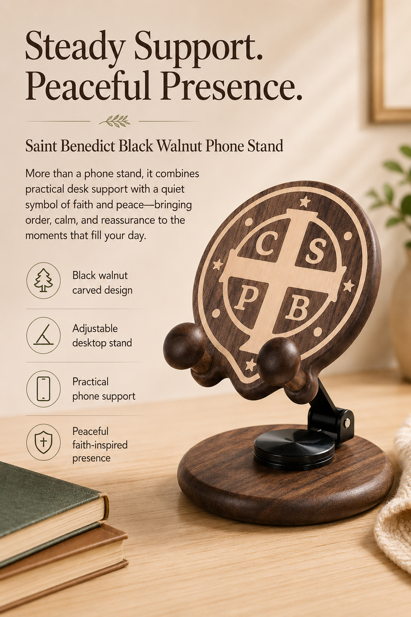 Saint Benedict black walnut phone stand as a meaningful Christian gift