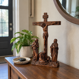 Hand-Carved Ash Wood Calvary Crucifix with Jesus, Mary, St. John & Mary Magdalene