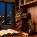 Handcrafted Beechwood Cross: Jesus with the Crown of Thorns