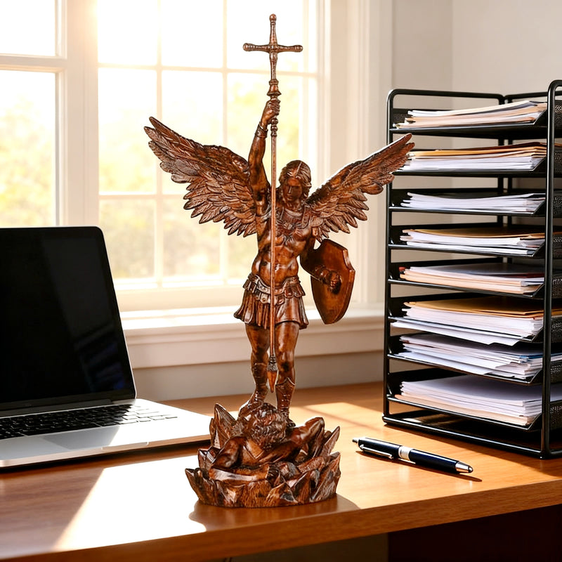 St. Michael the Archangel - Hand Carved Boxwood Sculpture - Spiritual Guardian for Prayer Spaces