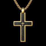Two-Tone Bevel Edge Carbon Fiber Textured Inlaid Tiny Cross Stainless Steel Necklace