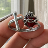 Sacred Heart of Jesus Thorn Flame Cross Adjustable Open Ring - size and finish detail