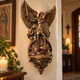 St. Michael the Archangel Battery-Powered Wall Lamp — Antique Bronze Resin Christian Home Decor