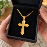 Faceted Eight Point North Star CZ Inlay Stainless Steel Cross Necklace