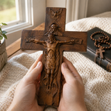 Hand-Carved Beechwood Holy Trinity Crucifix Wall Cross – Christian Home Prayer Decor - size and finish detail