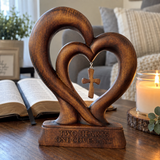 Handcrafted Beechwood Two Hearts One Covenant Cross Sculpture – Christian Wedding & Anniversary Gift
