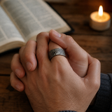 Hand-carved stone cross ring carries His gentle protection