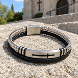Two‑Layer Braided Leather Cross Bracelet