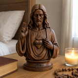 Hand-Carved Cypress Wood Sacred Heart of Jesus Statue – Christian Prayer & Home Devotional Decor