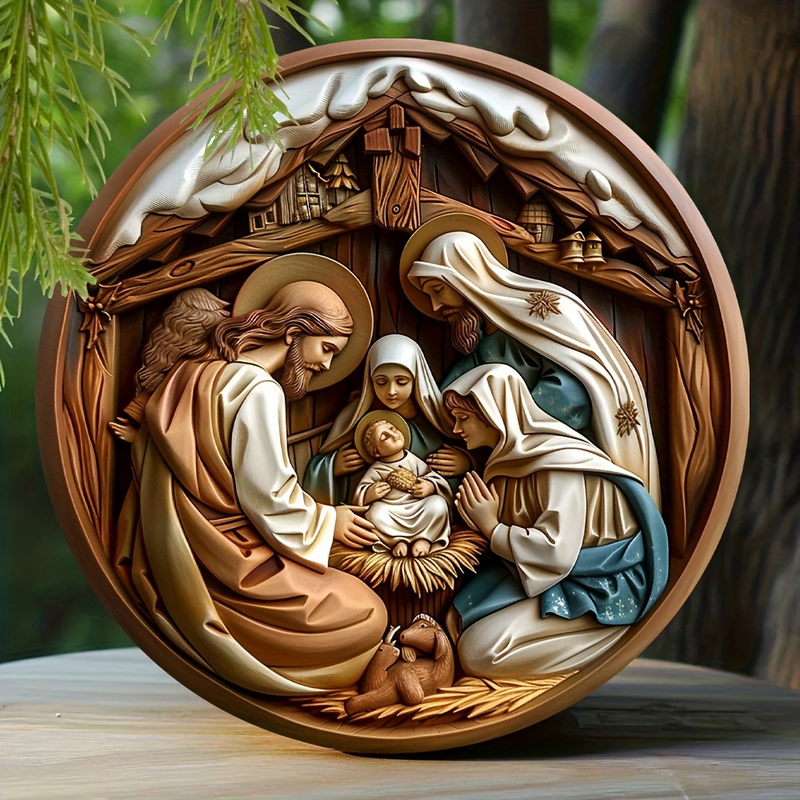 Christian Holy Family Relief Decorative Plaque - 8 Inch / 12 Inch Aluminum Waterproof Religious Wall Art (with Mounting Accessories)