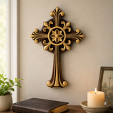 Hand-Carved Beechwood Ornate Cross – Gold Accented Christian Wall Cross
