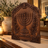 Hand-Carved Beech Wood Menorah & Olive Tree Plaque – Jewish Faith Home Décor