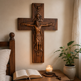 Hand-Carved Beechwood Holy Trinity Crucifix Wall Cross – Christian Home Prayer Decor - side view