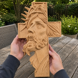 Hand-Carved Beechwood Jesus Crown of Thorns Cross – Christian Wall Art