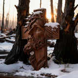 Handcrafted Beechwood Cross: Jesus with the Crown of Thorns