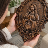 Hand-Carved Virgin Mary Prayer Wall Plaque – Ornate Beechwood Catholic Religious Decor,