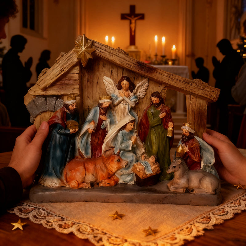 Hand-Painted Nativity Set, Vintage Holy Family Christmas Scene, Resin Manger Statue for Holiday Decor - Emmanuel "God With Us" Christmas Crèche
