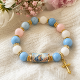 Chalcedony Cross Beaded Bracelet, Vintage Religious Printed Tube Bead Faith Jewelry for Women