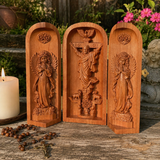 Hand-carved Portable Church - Mini Christian Ascension scene Triptych Altar