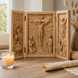 The Life of Christ Hand-Carved Beechwood Triptych – From Nativity to Resurrection Glory - product view