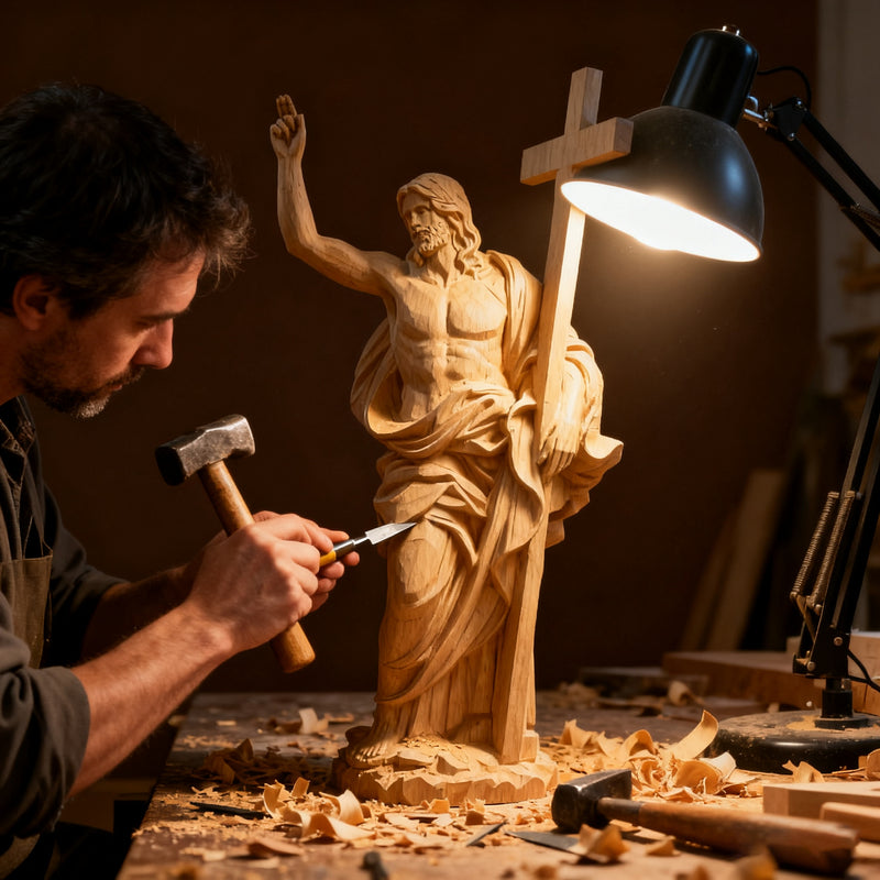 “He Is Risen” — Hand-Carved Boxwood Jesus Resurrection Statue | Symbol of Hope, Faith & New Life