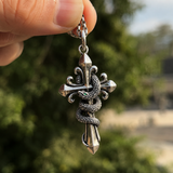 S925 Silver Serpent Cross Pendant Necklace with Green Gemstone
