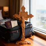 Wood carving of the Cross of the Order of Saint Benedict - with base