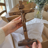 Hand-Carved Beechwood Crucifixion of Jesus Standing Cross – Christian Prayer & Home Altar Decor