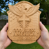 God Bless America Wooden Wall Plaque – Hand-Carved Beechwood Eagle Cross Decor, 1776–2026 250th Anniversary
