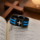 Black Polished Blue Opal Inlay Laser Engraved Cross Stainless Steel Ring