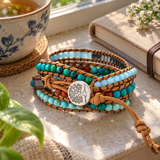 Multi-Layered Hand-Woven Natural Crystal Stone Leather Tree of Life Guardian Bracelet