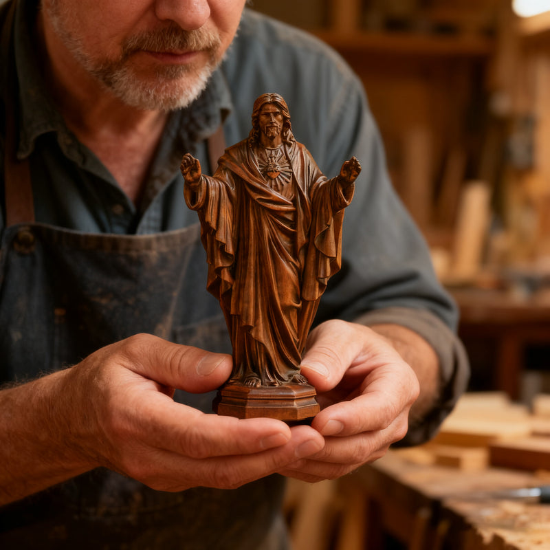 Hand Carved Sacred Heart of Jesus Virgin Mary Wooden Tabletop Ornament